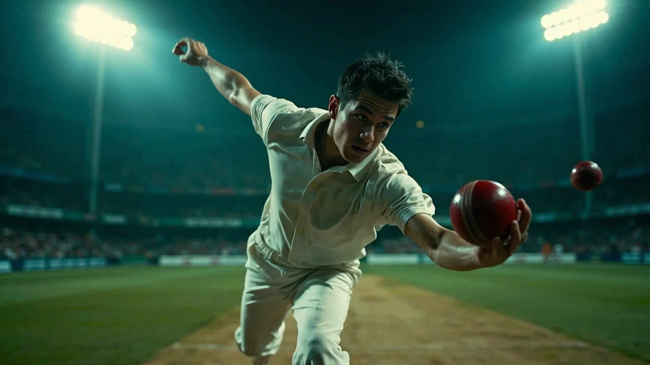 Fast bowler release under stadium lights