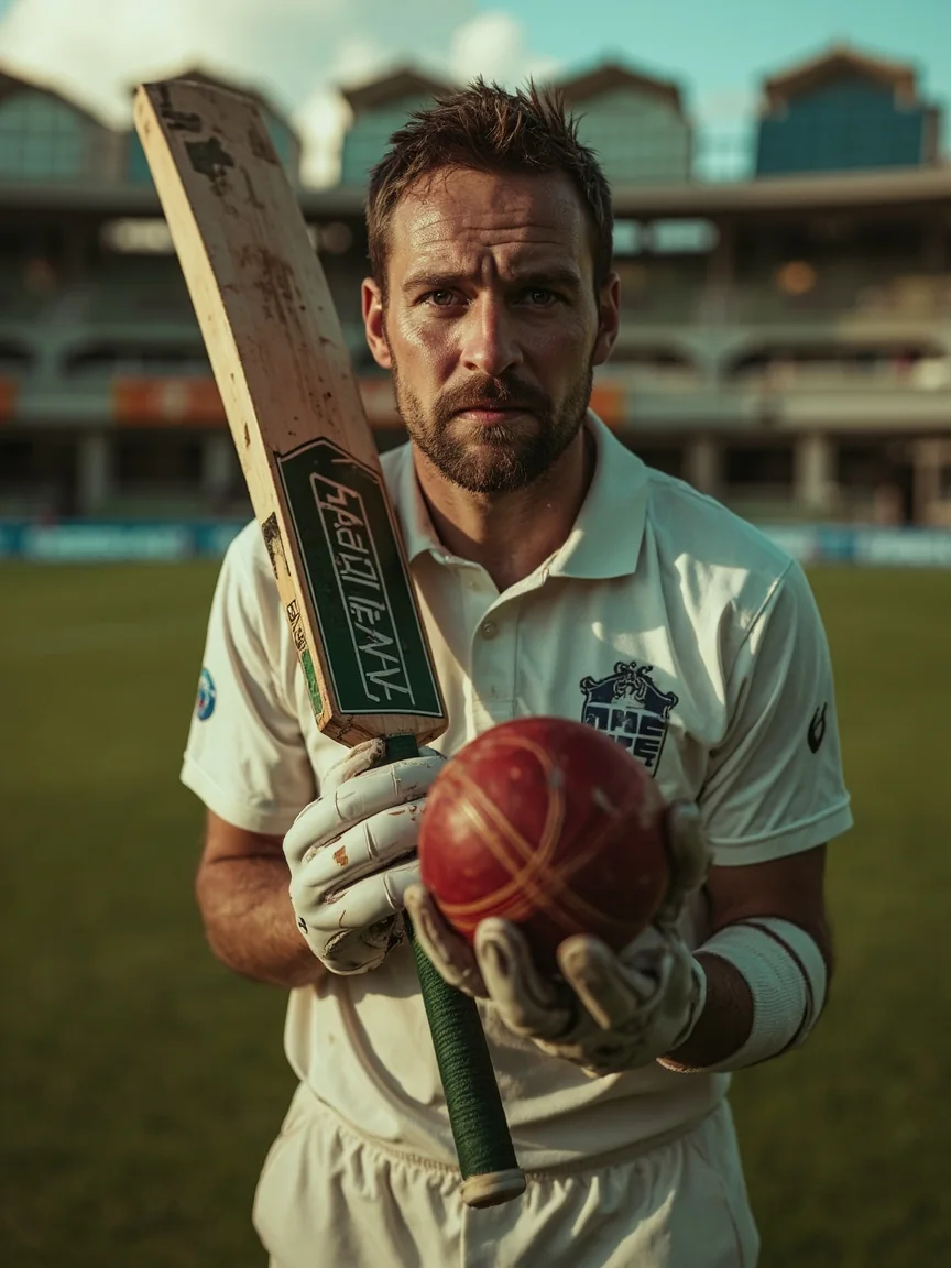 An all-round cricketer after a net session with bat and ball
