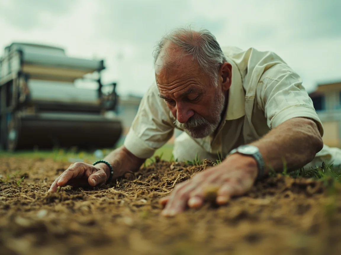 Experienced cricket groundskeeper inspecting a dry match strip before play