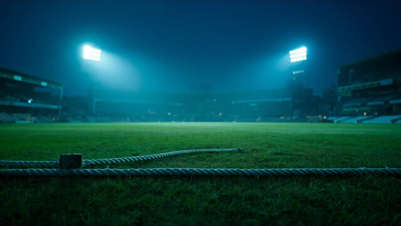 Floodlit cricket stadium at blue hour, viewed from a media analysis position