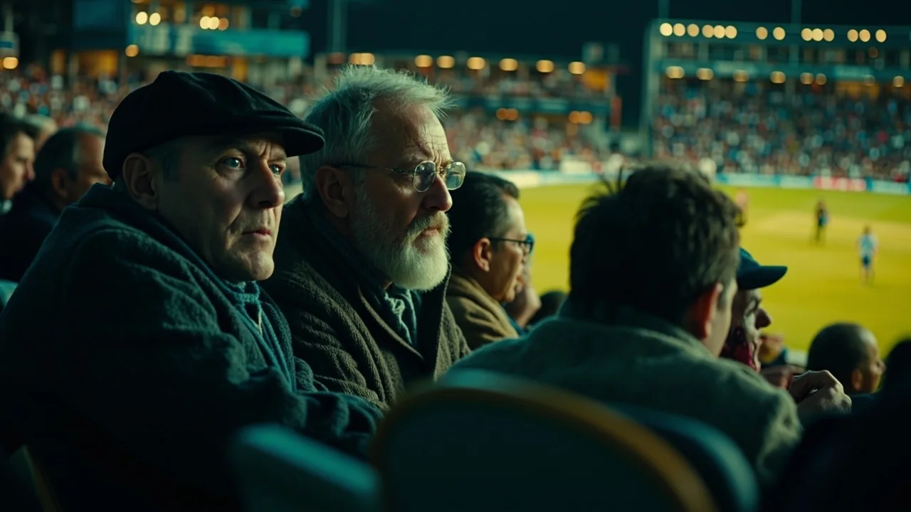 A small group of adult cricket supporters discussing the match from stadium seats