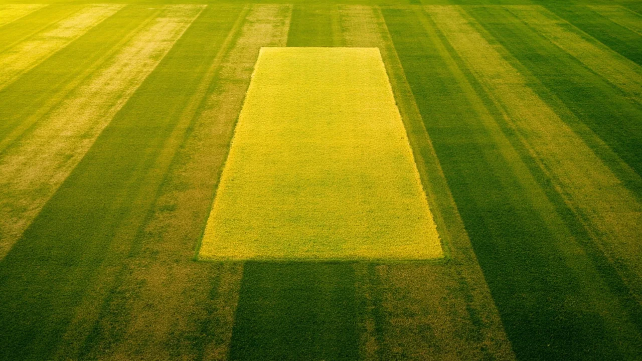 Overhead view of a cricket pitch strip