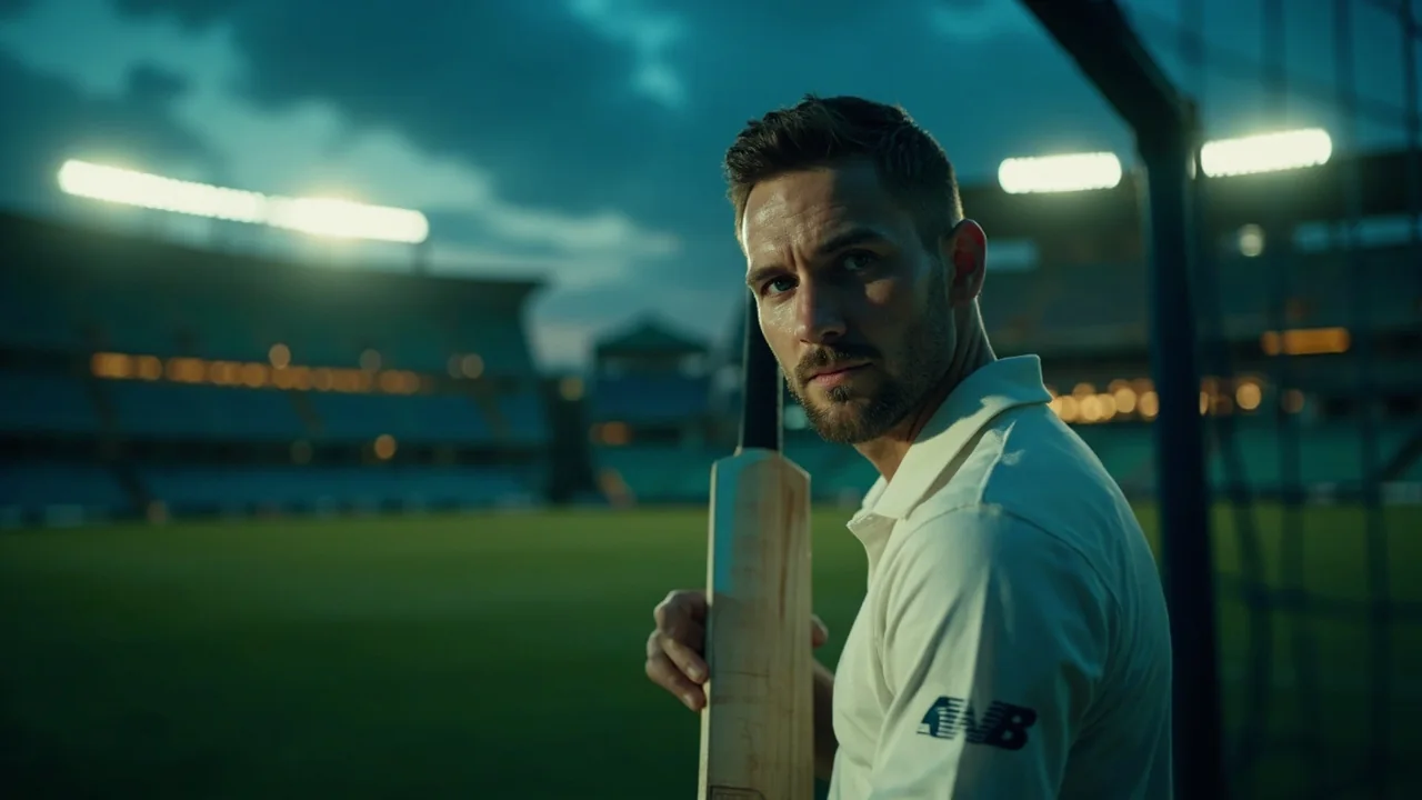 Professional cricketer standing near outdoor nets at dusk