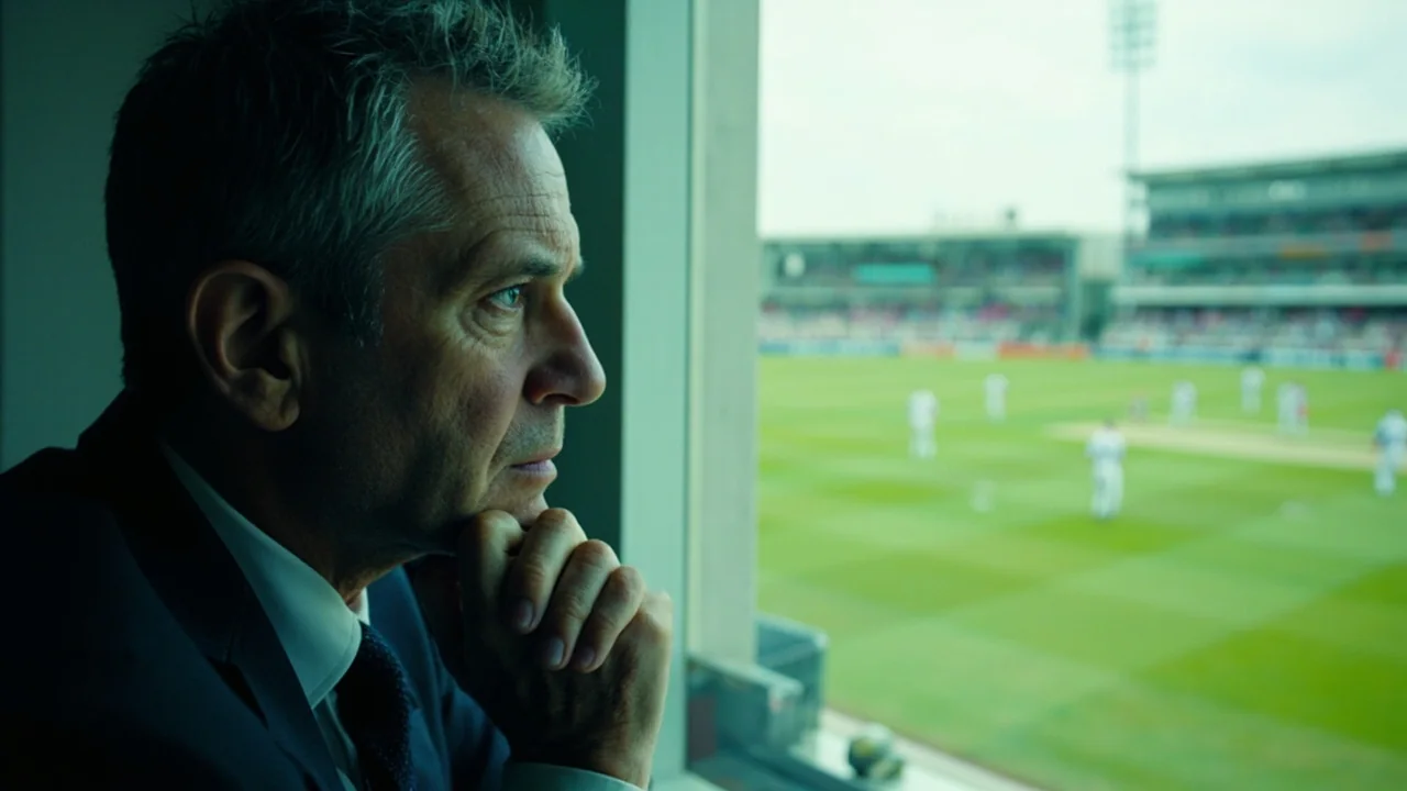 Cricket analyst observing a match through a press-box window