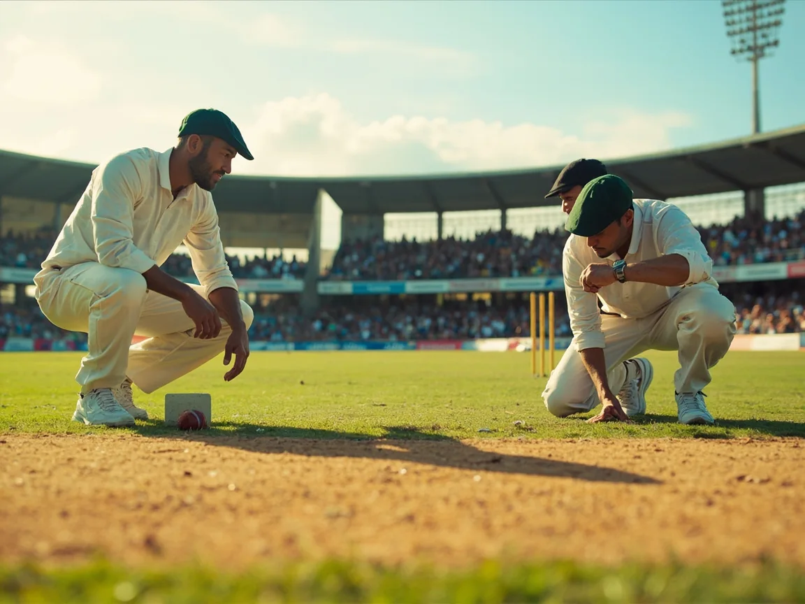 Two captains and a match official inspecting the pitch before the toss
