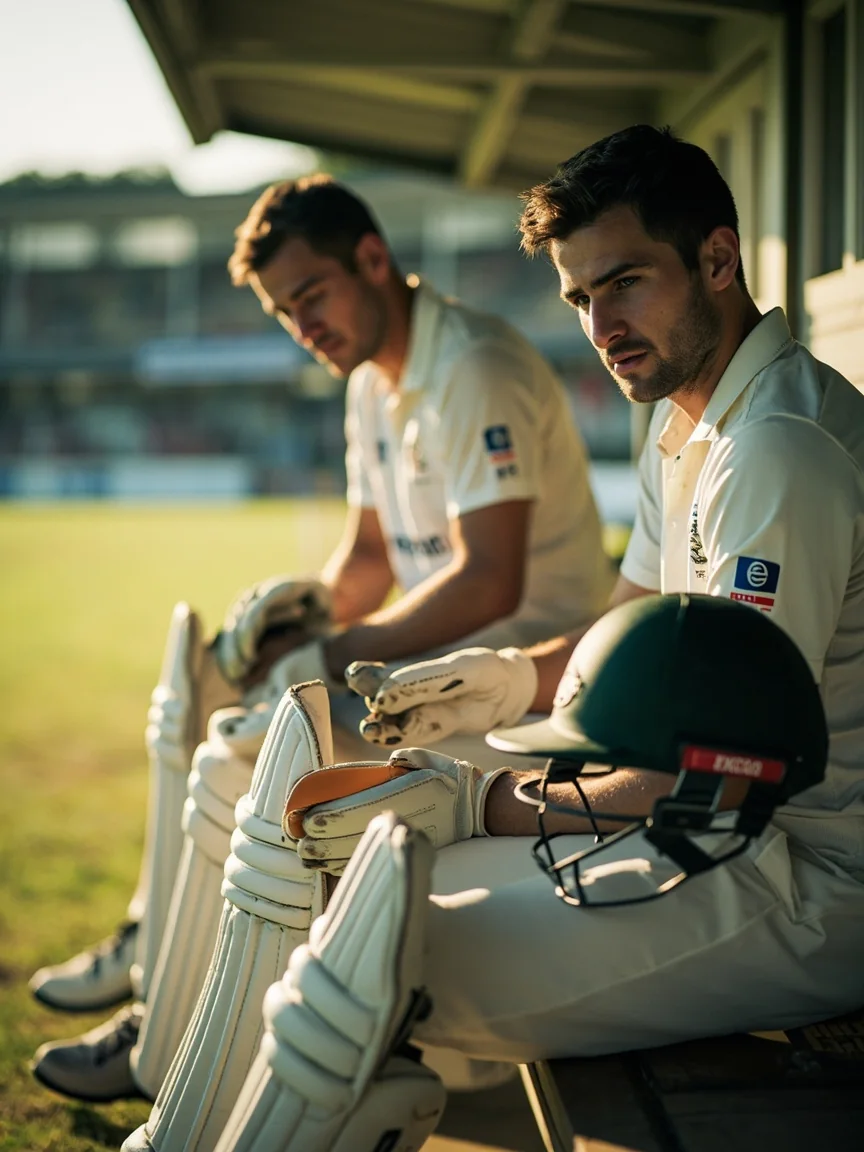 Reserve cricket players preparing equipment on a pavilion bench before play