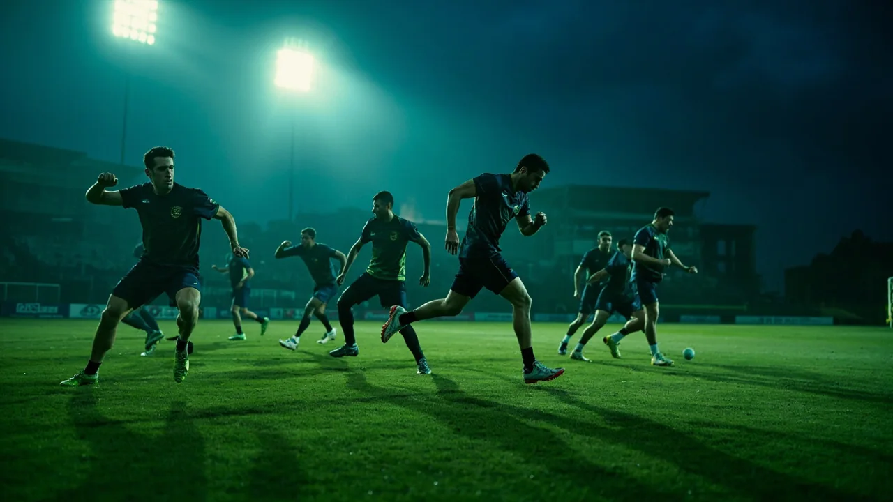 Cricket squad warming up in staggered depth