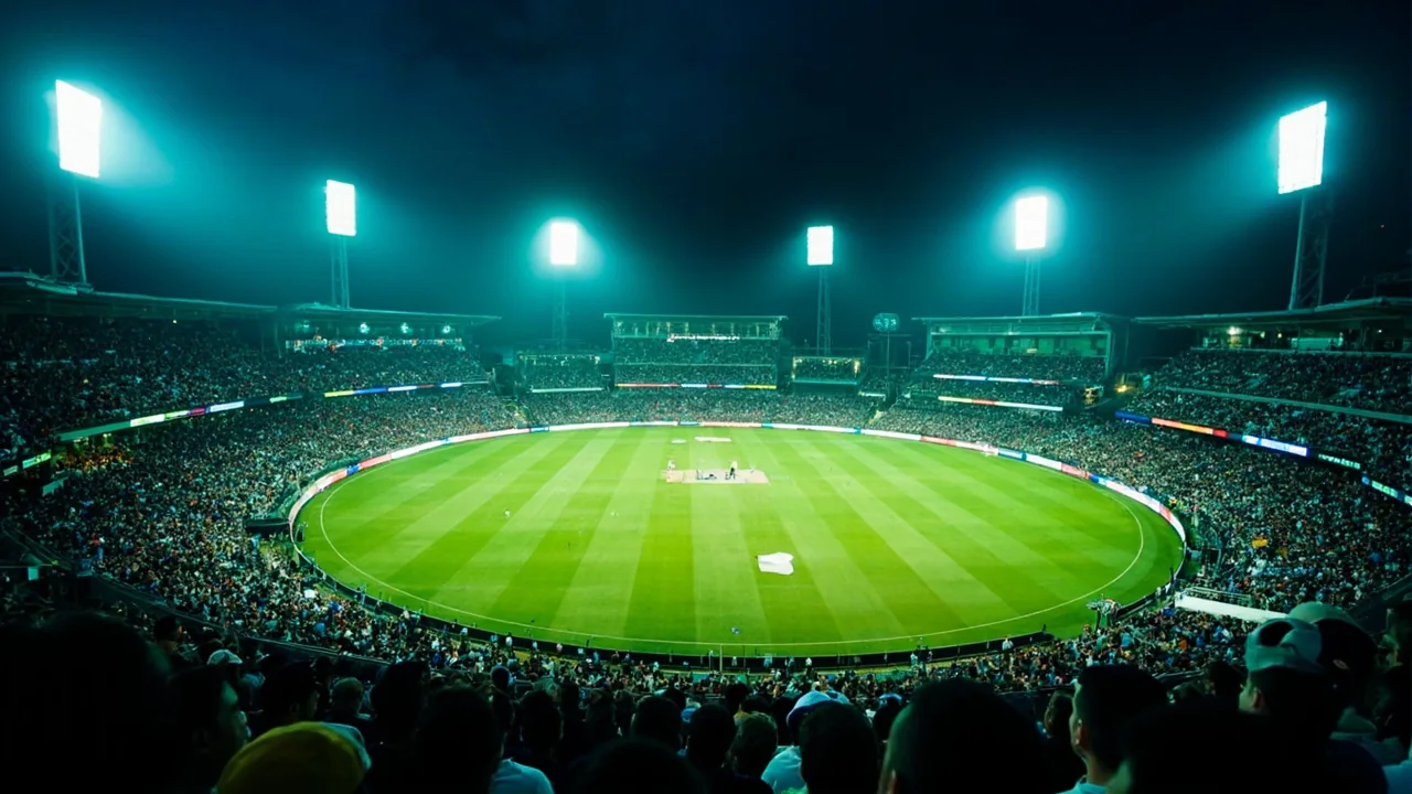 Packed cricket ground during a night tournament